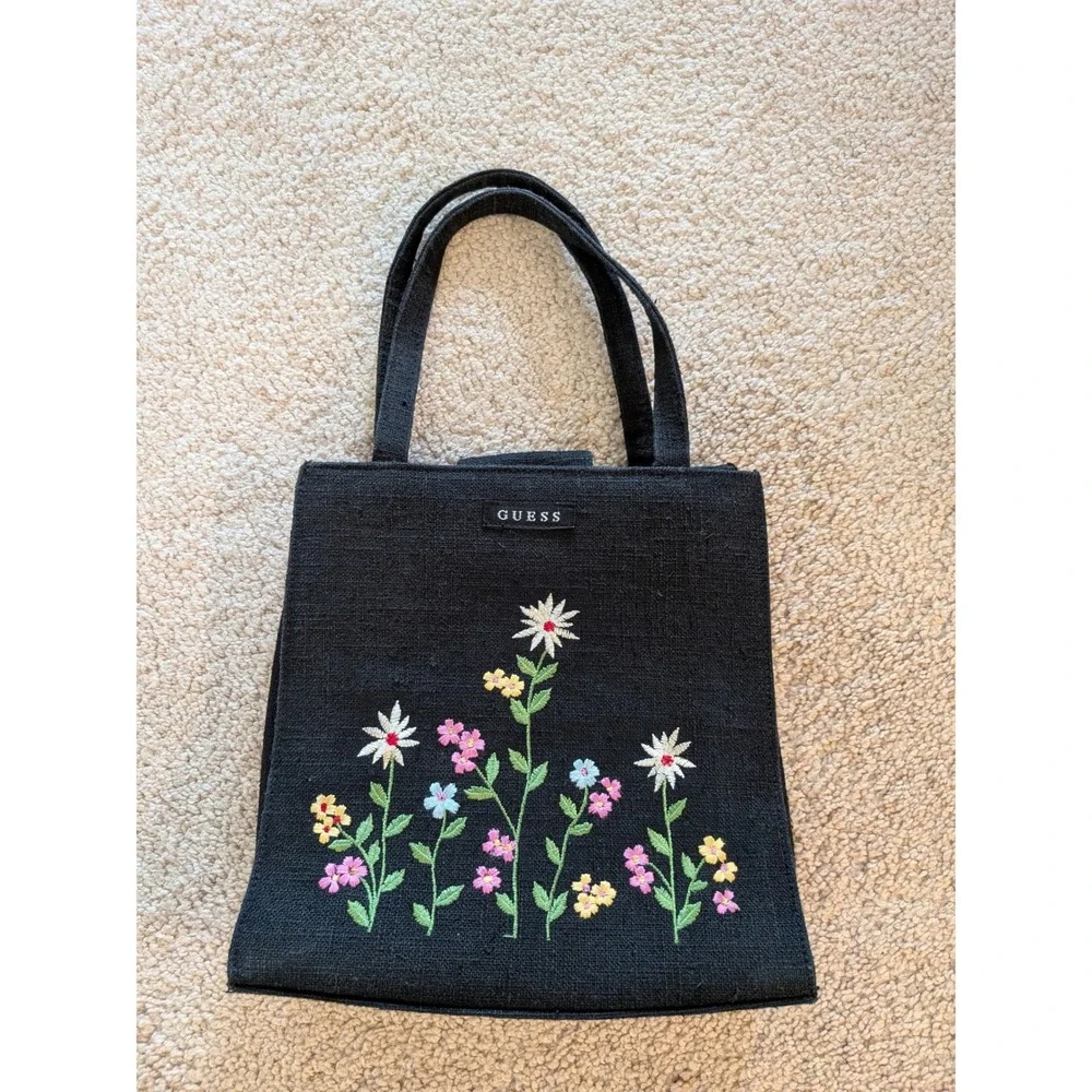 Guess Vintage Embroidered‎ Floral Mini Tote Bag Black Woven Linen Canvas Y2K